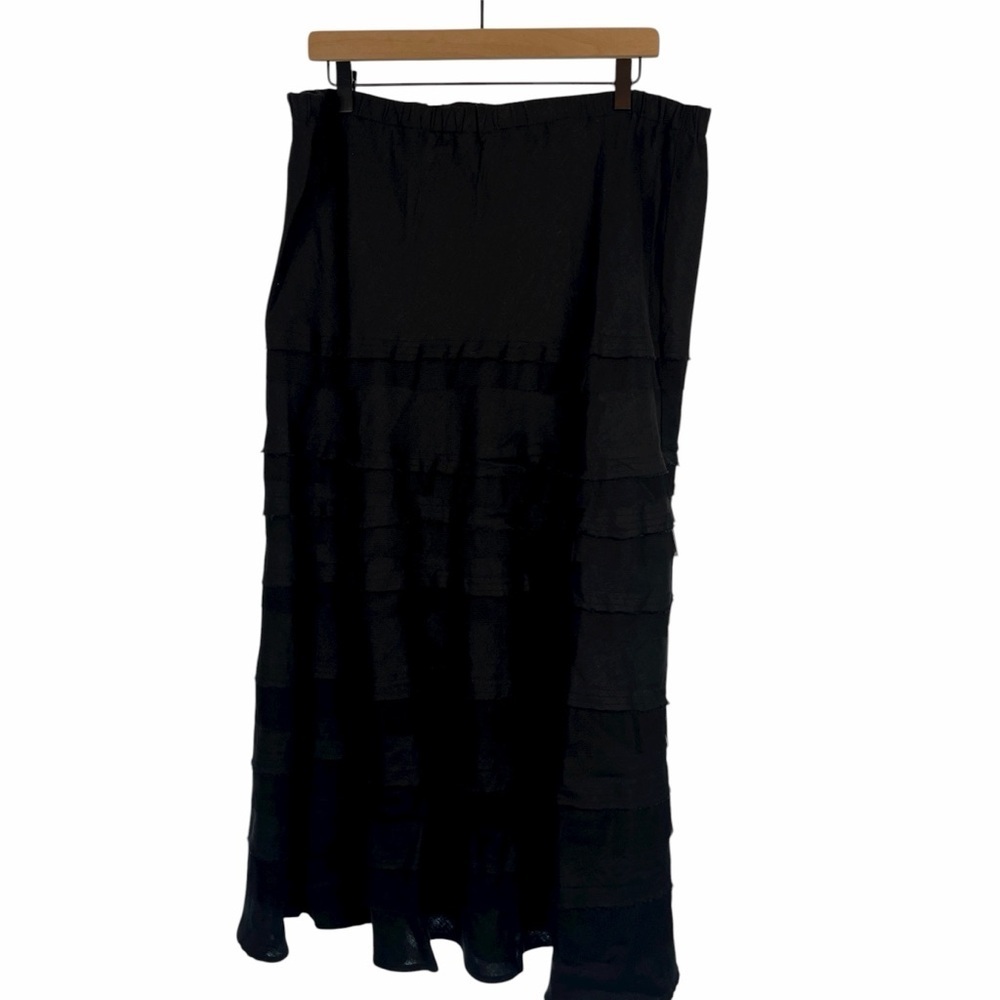TWO WISHES Womens 100% Linen Maxi Skirt Black XL Raw Edge Tiered Whimsigoth